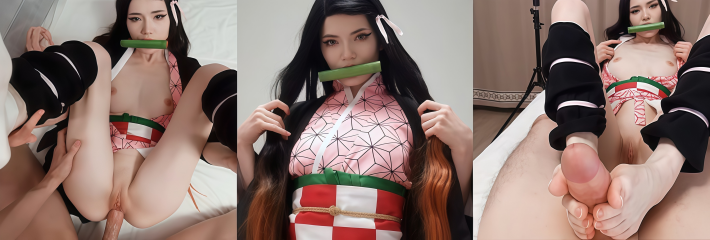 欧美高颜值博主 Nezuko COS鬼灭祢豆子 口交超大肉棒 被后入爆操白虎穴颜射